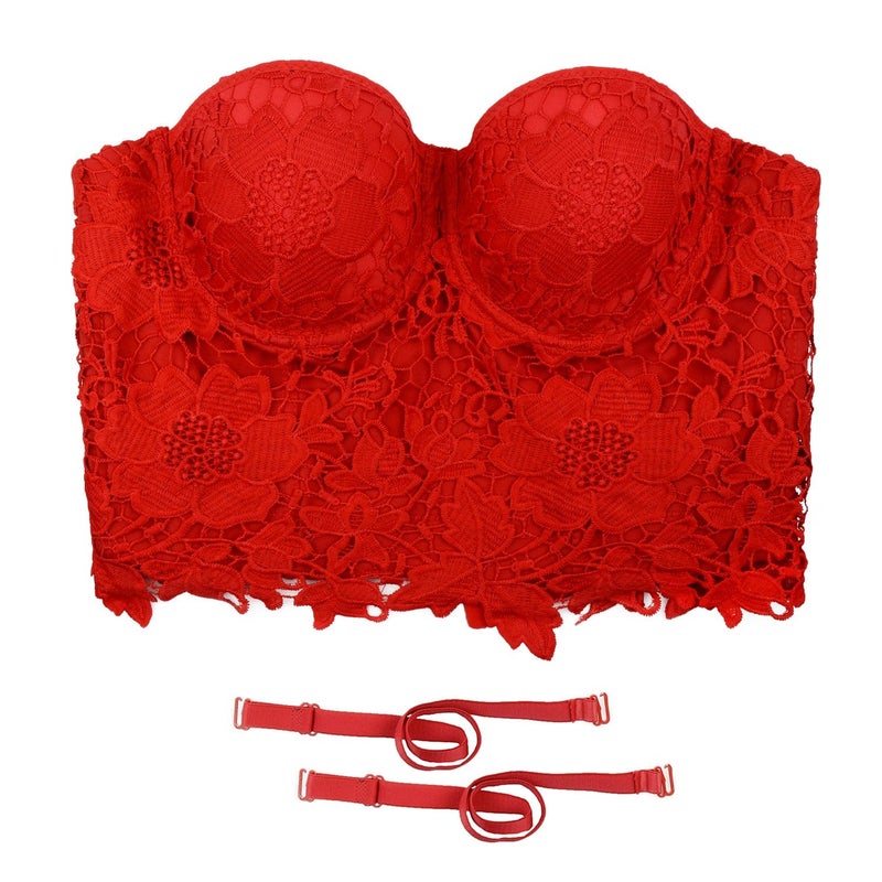 ELLACCI Women's Floral Lace Bustier Crop Top Gothic Corset Bra Tops Red Medium - Image 3